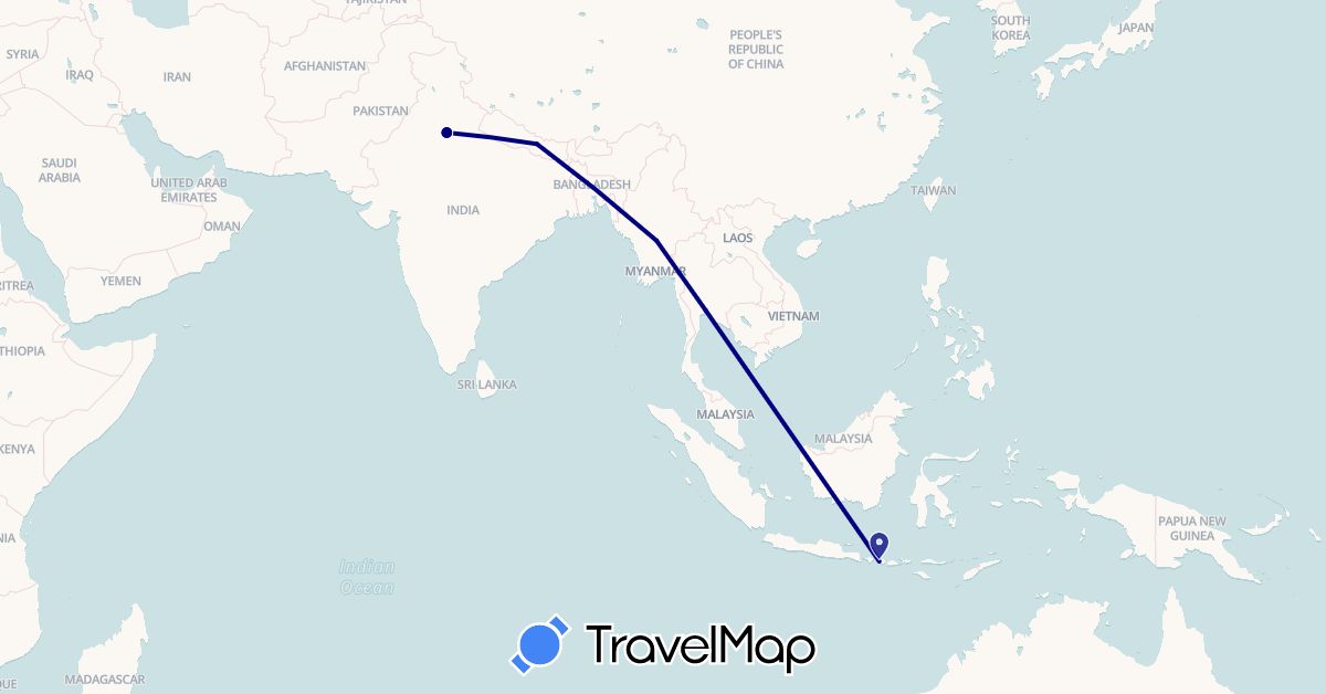 TravelMap itinerary: driving in Indonesia, India, Myanmar (Burma), Nepal, Thailand (Asia)